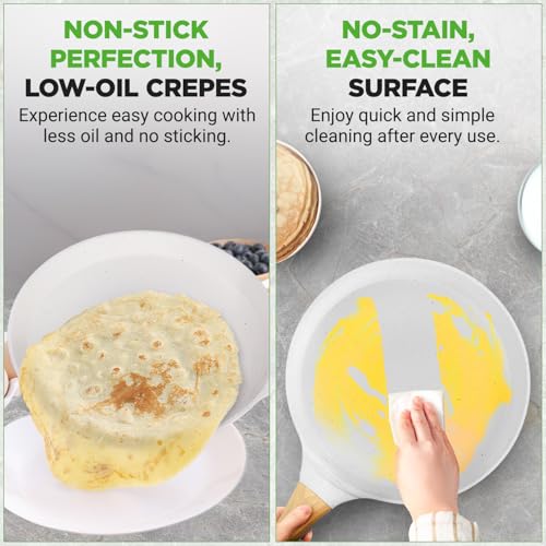 2-Pack Non-Stick Crepe Pan Set, 9.4" Marble Coated Dosa Pans with Wooden Spreaders, Bakelite and Wood Handles, Induction-Compatible, Dishwasher Safe, Even Heat Distribution, White Cream (2 Count)