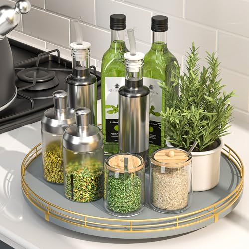 13 Inch Gray Wooden Lazy Susan Spice Organizer with Gold Rail