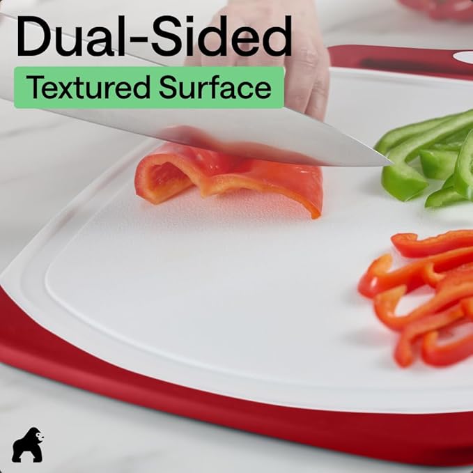 GORILLA GRIP BPA-Free Reversible Kitchen Cutting Board Set of 3, US Designed, Nonporous, Juice Grooves Catch Liquid, Slip Resistant Border, Dishwasher Safe, Durable Large Food Chopping Boards, Red