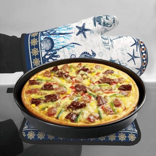 Nautical Sailboat Oven Mitts and Pot Holder Set of 2 Ocean Starfish Heat Resistant Oven Glove Washable Potholder for Kitchen Cooking Baking