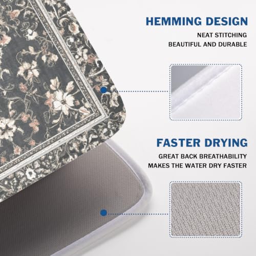 Boho Floral Dish Drying Mat Grey Leaves Dishes Drainer Pad 18x24 Inch Microfiber Absorbent Kitchen Dry Rack Mat for Counter Tableware Decor