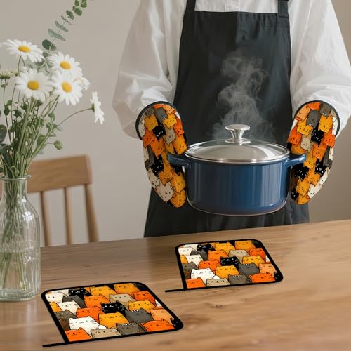 Funny Cute Cat Oven Mitts and Pot Holders Set (4 Count)