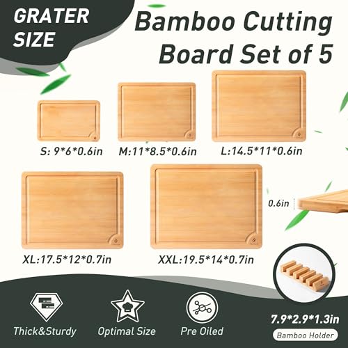 5 Packs Bamboo Cutting Board Set with Non Slip Feet Holder and Over Sink Nice Solid Thick Wood Juice Groove Chopping Board Small Big Xl XXl xlarge Oversized Kitchen Counter Organic Vegetable Meat Kit (5 Count)