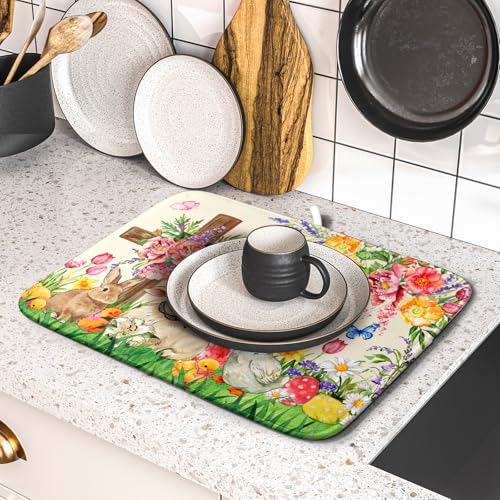 Easter Farmhouse Dish Drying Mat Funny Animal Dish Pad for Kitchen Counter Small 16 X 18