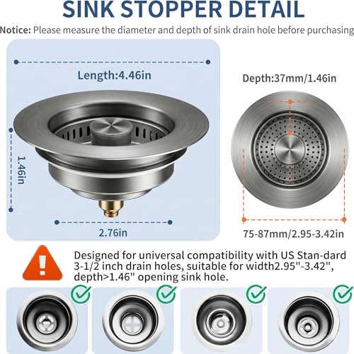 3-in-1 Kitchen Sink Drain Strainer and All-Purpose Scrub Sponges, Sink Stopper Pop-Up Drain Plug with Anti-Clogging Food Catcher Basket, Fits US Standard 3-1/2 Inch Sinks,Sponge Cleaning Dish