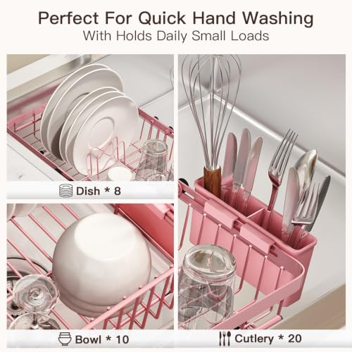 Pink Expandable Dish Drying Rack Over The Sink with Anti Slip Grip