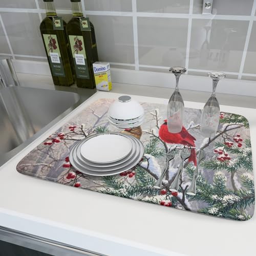 Red Bird Dish Drying Mat Merry Christmas Dishes Pad Absorbent Fast Dry Dish Drainer Mat Protector for Kitchen Counter 18 x 24 Inches
