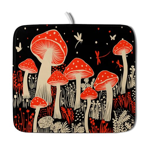 Red Mushroon Dish Drying Mat for Kitchen Counter Black Microfiber Absorbent Dish Pad Small