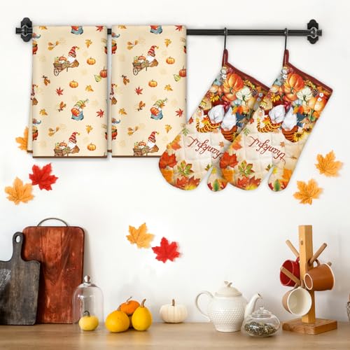 Thanksgiving Gnome Kitchen Towels and Oven Mitts Set (4 Count)