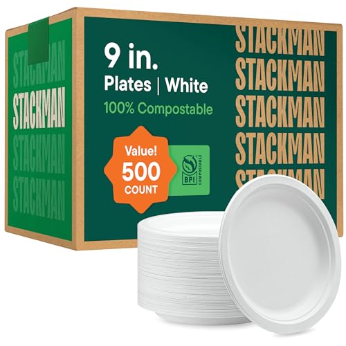 100% Compostable Paper Plates 9 Inch [500 Count] Heavy