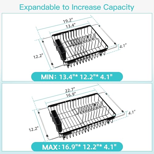 Black Dish Drying Rack Over the Sink with Utensil Holder