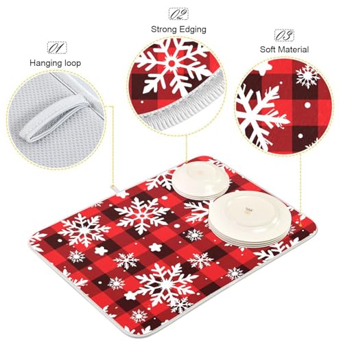 Snowflakes Christmas Tartan Plaid Dish Drying Mat for Kitchen Counter Absorbent Microfiber Drying Pad