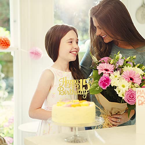 1 PCS Happy 15th Birthday Cake Topper Gold Glitter Cheers to 15 Years Birthday Cake Pick Mis Quince 15 Fabulous Cake Decoration for Happy 15th Birthday Theme Party Decorations Supplies