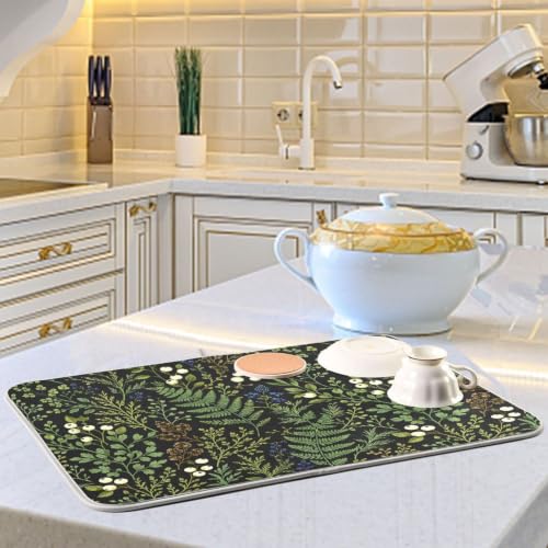 Sage Leaves Botanical Berry Plant Dish Drying Mat for Kitchen Counter Absorbent Microfiber Drying Pad