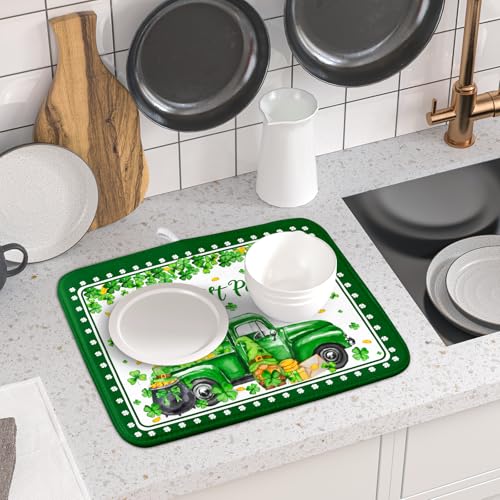 Shamrock Gnome Truck Dish Drying Mat Lucky Clover Dish Drainer Mat 16x18 inch Absorbent Fast Dry Pad for Kitchen Counter Coffee Bar Decor
