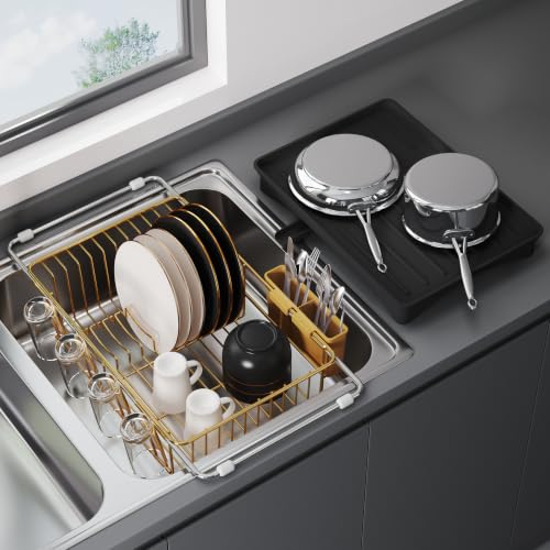Gold Dish Drying Rack in Sink with Drainboard and Utensil Holder