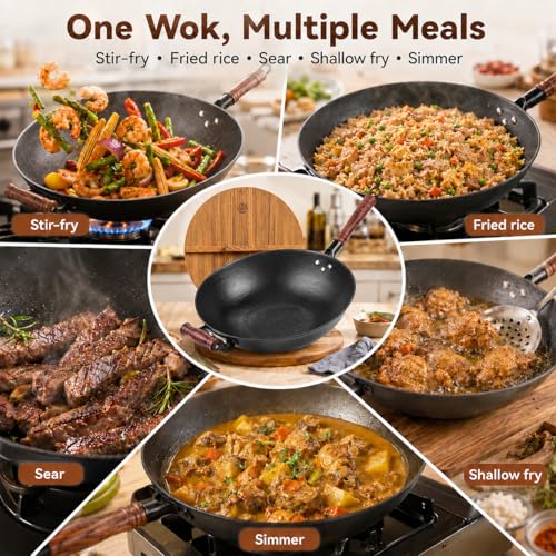 Cast Iron Wok Pan with Wooden Lid