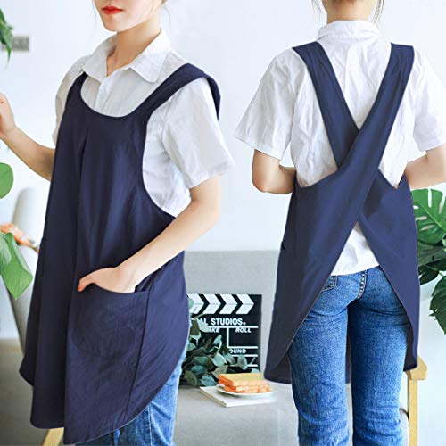 Japanese Linen Cross Back Kitchen Cooking Aprons for Men with Pockets for Baking Painting Gardening Cleaning Navy Blue