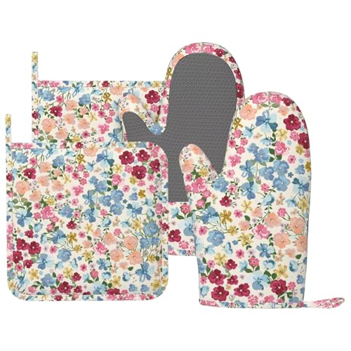 Wild Flowers Floral Meadow Oven Mitts and Pot Holders Set of 4 Silicone Kitchen Mitten Gloves and Non