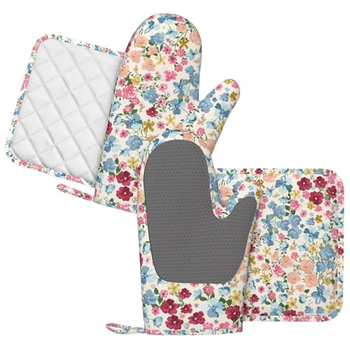 Wild Flowers Floral Meadow Oven Mitts and Pot Holders Set of 4 Silicone Kitchen Mitten Gloves and Non