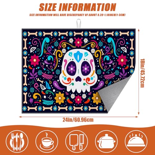 Sugar Skull Dish Drying Mat for Kitchen Counter Microfiber Absorbent Dish Day of the Dead Kitchen Drying Mat Draining Reusable Washable for Dishes