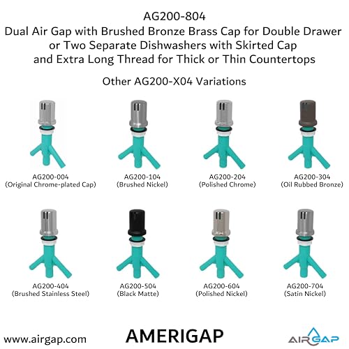 Dual Air Gap with Brushed Bronze Brass Cap for Double Drawer or Two Separate Dishwashers with Skirted Cap and Extra Long Thread for Thick or Thin Countertops