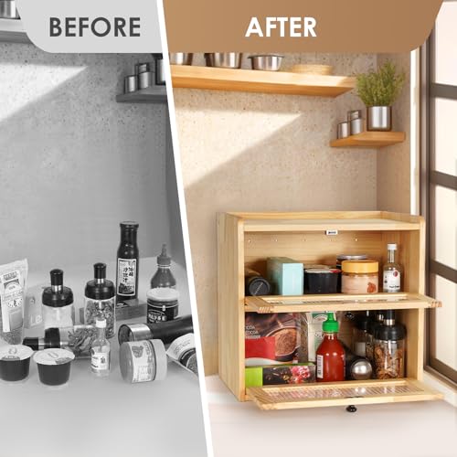 Bread Box for Kitchen Countertop Wooden Bread Storage Container Bin 2 Layer Breadbox Holder Large Capacity Keeper Vintage Farmhouse Food Organizer Pantry Shelf Acrylic Window（Wood color）