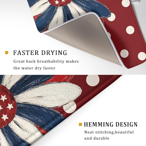 Patriotic Dish Drying Mat 18x24 In Red and Blue Daisy Microfiber Kitchen Draining Mat for Countertops
