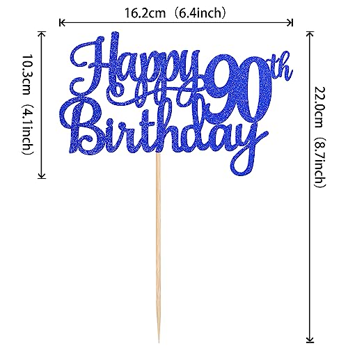1 PCS Happy 90th Birthday Cake Topper Glitter Cheers to 90 Years Birthday Cake Pick Ninety 90 Fabulous Cake Decoration for Happy 90th Birthday Theme Party Decorations Supplies Blue