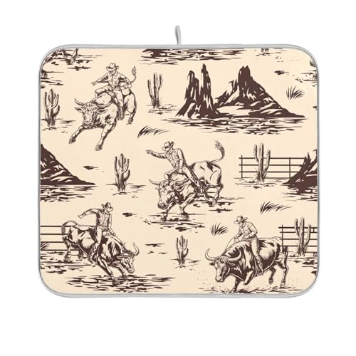 West Cactus Cowboy Dish Drying Mat for Kitchen Counter Absorbent Microfiber Drying Pad