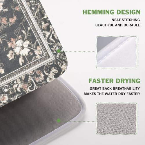 Boho Floral Dish Drying Mat Grey Leaves Dishes Drainer Pad 16x18 Inch Microfiber Absorbent Kitchen Dry Rack Mat for Counter Tableware Decor