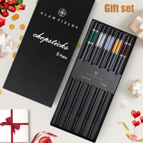 5 Pairs Premium Chopsticks Reusable Dishwasher Safe 9.5 Inch Fiberglass Chop Sticks Gift Set Non Slip Multi Color