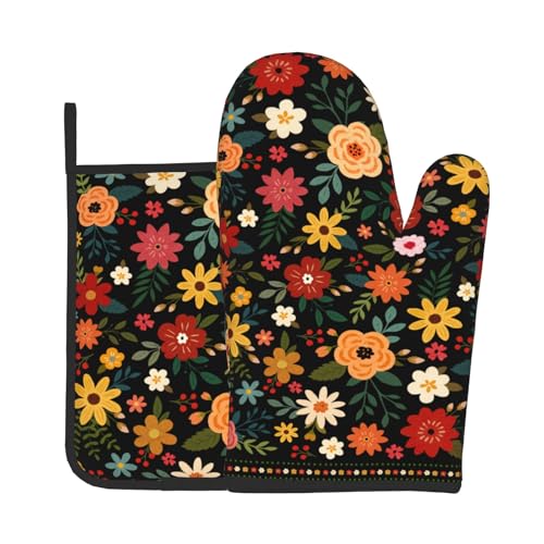 Boho Floral Oven Mitts and Pot Holder Set of 2 Colorful Flower Heat Resistant Hot Pads Non Slip Washable for Kitchen Cooking Grilling BBQ