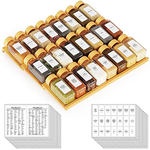 Bamboo Spice Drawer Organizer with 24 Spice Jars (24 Count)