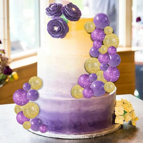 40 Pcs Ball Cake Toppers Mini Balls Cake Decorations Purple Gold Foam Balls DIY Cake Topper for Baking Congrats Grade 2026 Graduation Birthday Mardi Gras Lakers Decorations (40 Count)