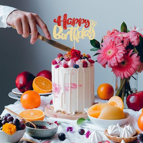 1Pcs Happy Birthday Cake Topper Glitter Happy Birthday Cake Pick for Christmas Theme Baby Shower Anniversary Party Decorations Supplies Red Gold