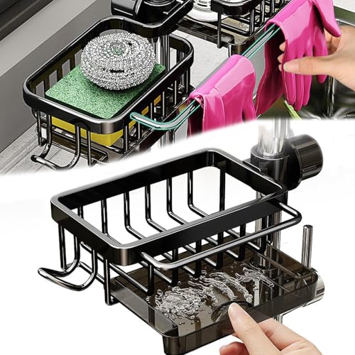 Kitchen Sink Faucet Organizer Multifunction Sponge Holder Organizer Sink Drain Holder Over Faucet Kitchen Sink Caddy with Hook Adjustable for 0.7