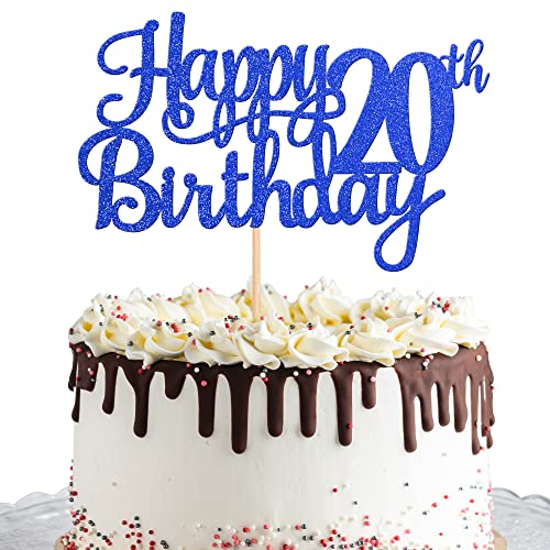 1 PCS Happy 20th Birthday Cake Topper Glitter Cheers to 20 Years Birthday Cake Pick Twenty 20 Fabulous Cake Decoration for Happy 20th Birthday Theme Party Decorations Supplies Blue