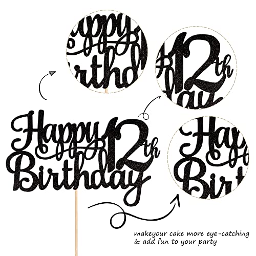 1 PCS Happy 12th Birthday Cake Topper Glitter Cheers to 12 Years Birthday Cake Pick 12 Fabulous Cake Decoration for Happy 13th Birthday Theme Party Decorations Supplies Black