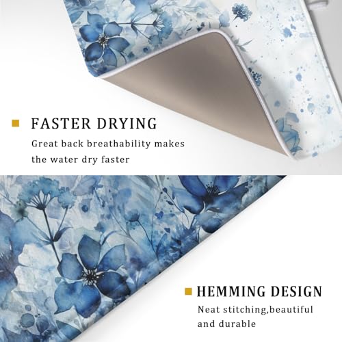 Blue Floral Dish Drying Mat for Kitchen Counter Watercolor Leaves Dishes Drainer Rack Mat Absorbent Microfiber Dish Draining Pad 18x24 Inch