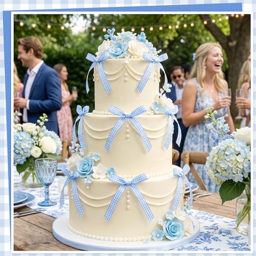 30 Pack Bow Cake Toppers Blue Gingham Ribbon Bows for Cake (30 Count)