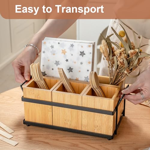 Silverware Caddy Wood Utensil Holder Paper Plate Dispenser Silverware Utensil Caddy Cutlery Flatware Organizer Box for Spoons Forks Plates Napkins