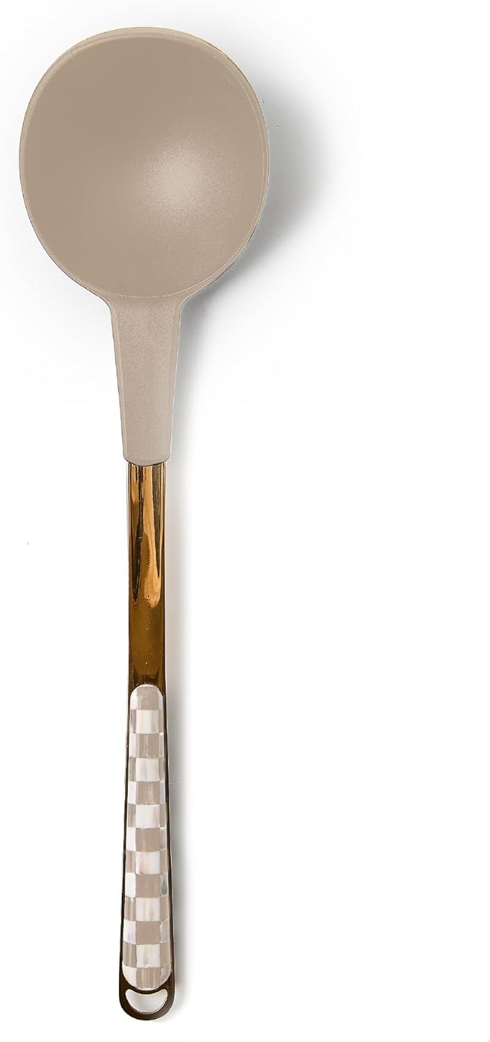 MACKENZIE-CHILDS Kitchen Ladle, Silicone Ladle Spoon for Cooking, Brown-and-White Mocha Check - Culinary Roots