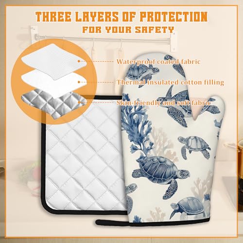 Turtle Coral Oven Mitts and Pot Holders Set (4 Count)