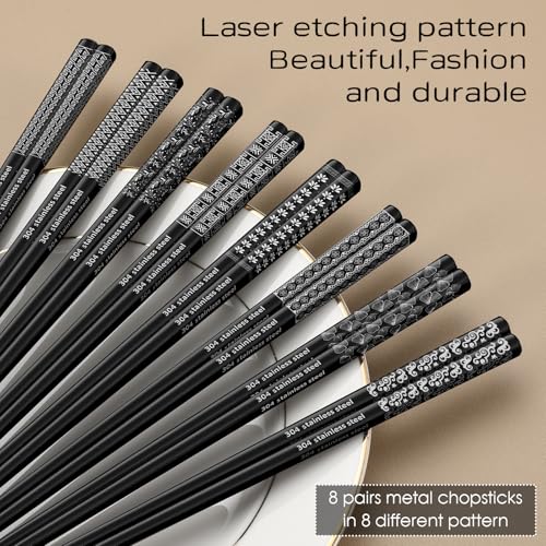 8 Pairs Metal Chopsticks Reusable Black Stainless Steel Chopsticks Set Laser Engraved Non (8 Count)