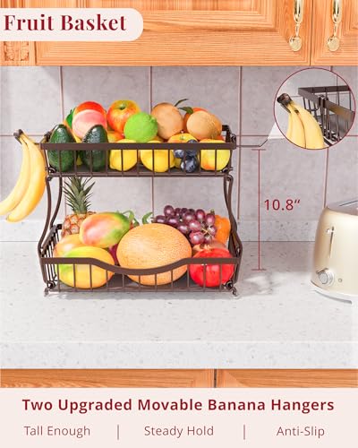 Large 2 Tier Fruit Basket for Kitchen Counter with 2 Banana Hangers (2 Count)