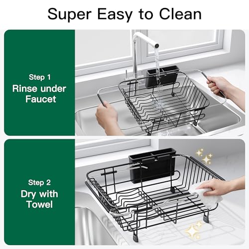 Black Dish Drying Rack in Sink with Utensil Holder