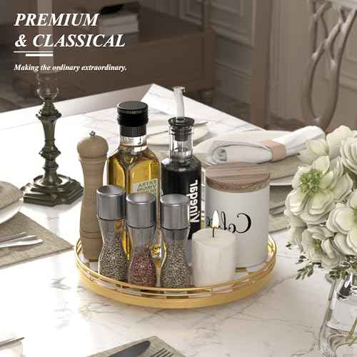 12 Inch Gold and White Checkerboard Lazy Susan with Metal Rail
