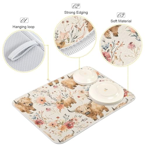 Cute Highland Cows Flowers Dish Drying Mat for Kitchen Counter Absorbent Microfiber Drying Pad