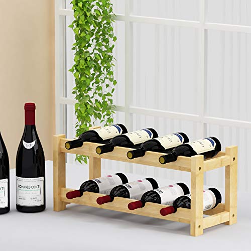 Wine Rack Freestanding 8 Bottle 2 Tier Bamboo Wine Racks Countertop Cabinet Wine Holder Wine Storage Shelf for Kitchen